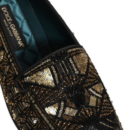 Dolce & Gabbana Black Gold Embellished Slip On Loafers Shoes