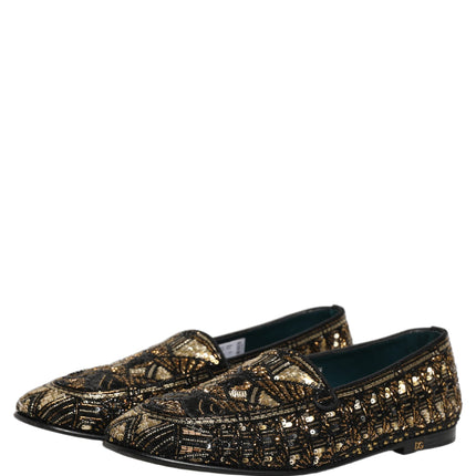 Dolce & Gabbana Black Gold Embellished Slip On Loafers Shoes