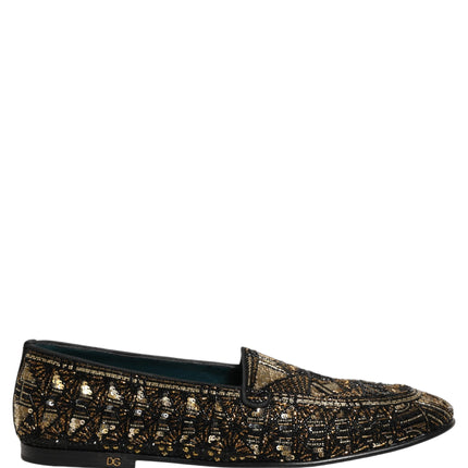 Dolce & Gabbana Black Gold Embellished Slip On Loafers Shoes