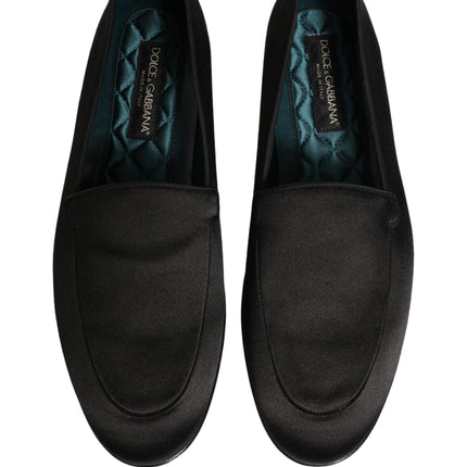 Dolce & Gabbana Black Satin Logo Slip On Flats Loafers Shoes