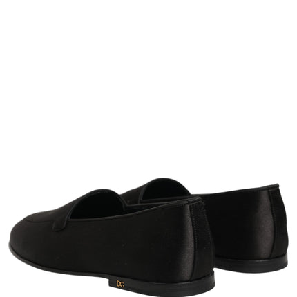 Dolce & Gabbana Black Satin Logo Slip On Flats Loafers Shoes