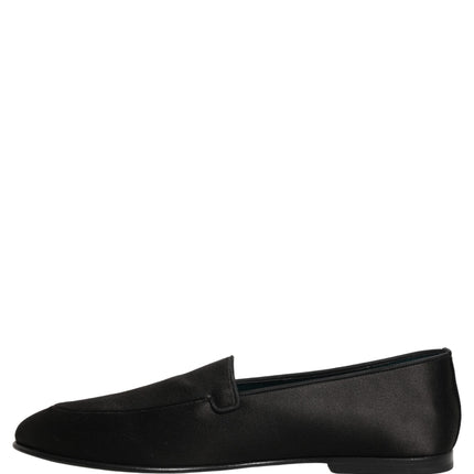 Dolce & Gabbana Black Satin Logo Slip On Flats Loafers Shoes