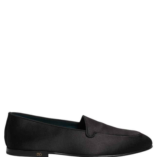 Dolce & Gabbana Black Satin Logo Slip On Flats Loafers Shoes