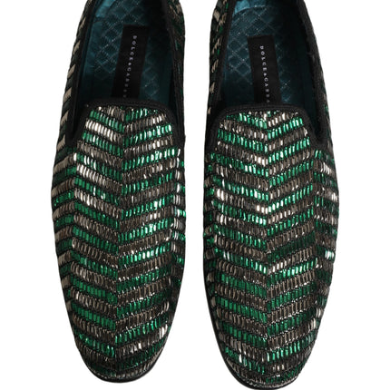 Dolce & Gabbana Silver Green Embellished Dress Loafers Shoes