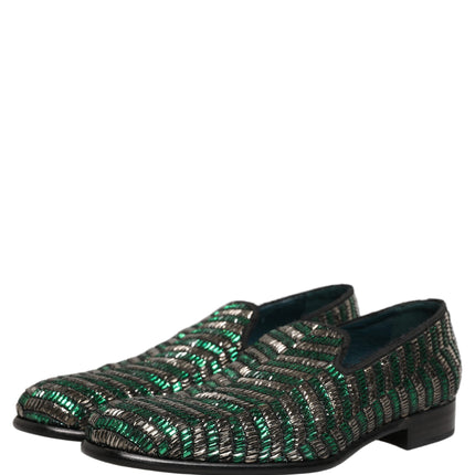 Dolce & Gabbana Silver Green Embellished Dress Loafers Shoes