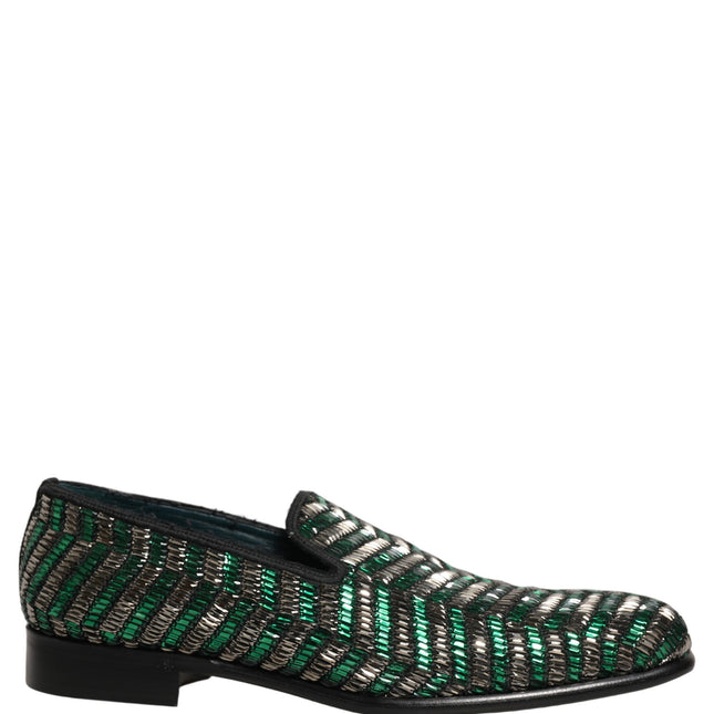 Dolce & Gabbana Silver Green Embellished Dress Loafers Shoes
