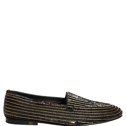 Dolce & Gabbana Black Gold Sequined Men Dress Loafers Shoes