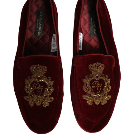 Dolce & Gabbana Maroon Velvet Crown Embroidery Loafers Shoes