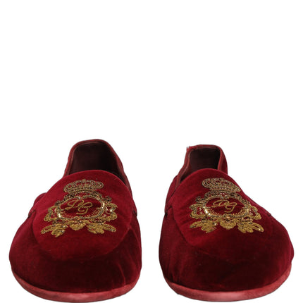 Dolce & Gabbana Maroon Velvet Crown Embroidery Loafers Shoes