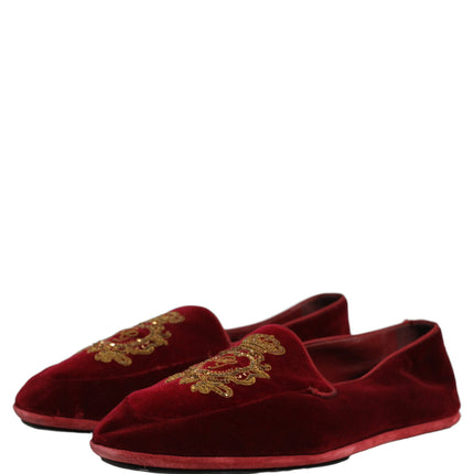 Dolce & Gabbana Maroon Velvet Crown Embroidery Loafers Shoes