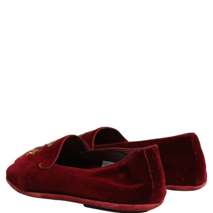 Dolce & Gabbana Maroon Velvet Crown Embroidery Loafers Shoes