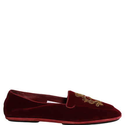 Dolce & Gabbana Maroon Velvet Crown Embroidery Loafers Shoes
