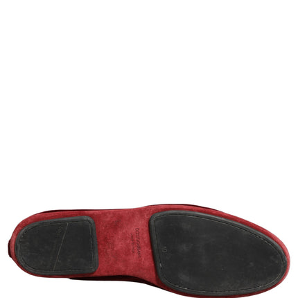 Dolce & Gabbana Maroon Velvet Crown Embroidery Loafers Shoes