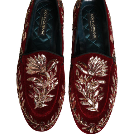 Dolce & Gabbana Red Velvet Floral Embroidery Loafers Shoes