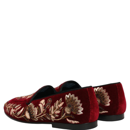 Dolce & Gabbana Red Velvet Floral Embroidery Loafers Shoes