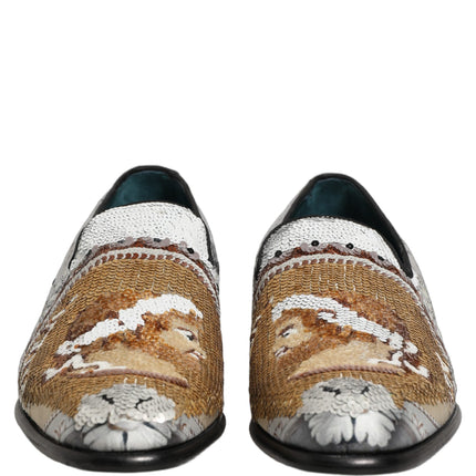 Dolce & Gabbana White Gold Sequined Slip On Loafers Shoes
