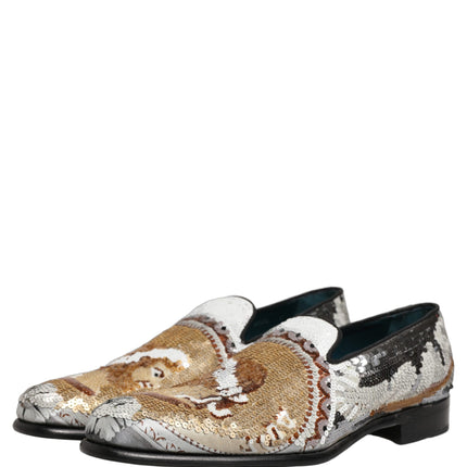 Dolce & Gabbana White Gold Sequined Slip On Loafers Shoes
