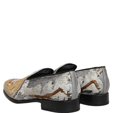 Dolce & Gabbana White Gold Sequined Slip On Loafers Shoes