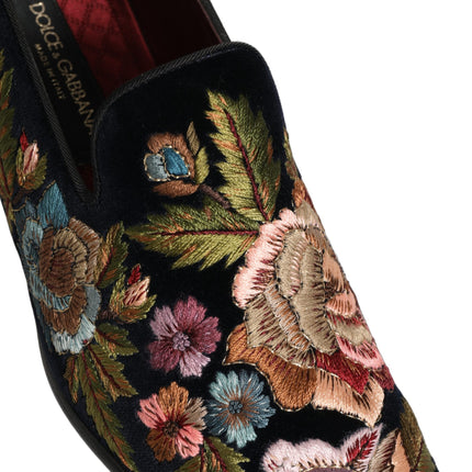 Dolce & Gabbana Black Velvet Floral Embroidery Loafers Shoes