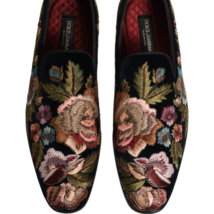 Dolce & Gabbana Black Velvet Floral Embroidery Loafers Shoes