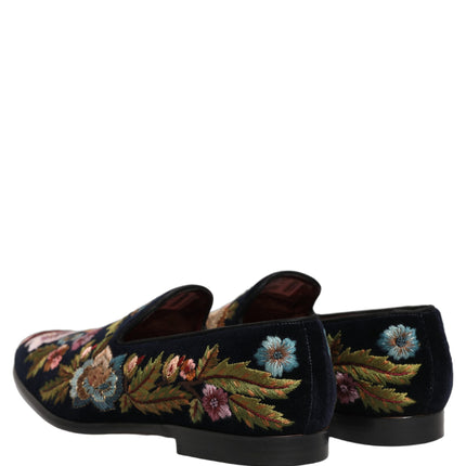 Dolce & Gabbana Black Velvet Floral Embroidery Loafers Shoes