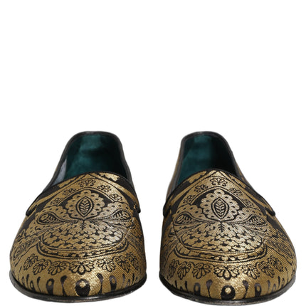 Dolce & Gabbana Gold Jacquard Leather Slip On Loafers Shoes