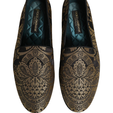 Dolce & Gabbana Gold Jacquard Leather Slip On Loafers Shoes