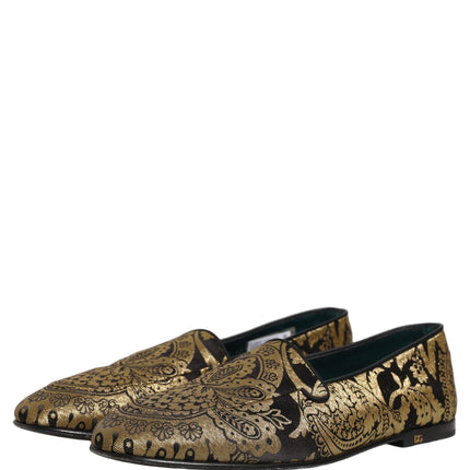 Dolce & Gabbana Gold Jacquard Leather Slip On Loafers Shoes