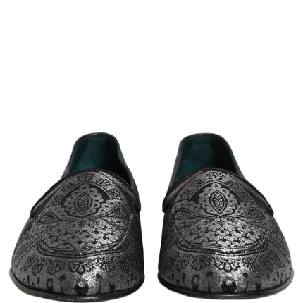 Dolce & Gabbana Silver Jacquard Leather Slip On Loafers Shoes