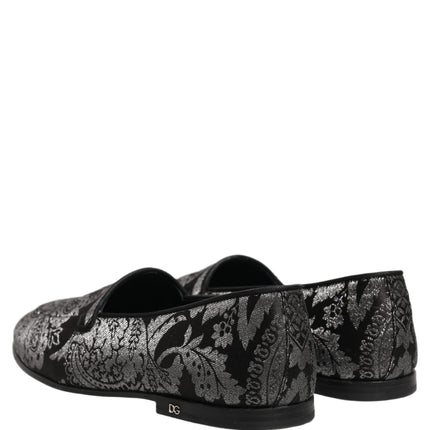 Dolce & Gabbana Silver Jacquard Leather Slip On Loafers Shoes
