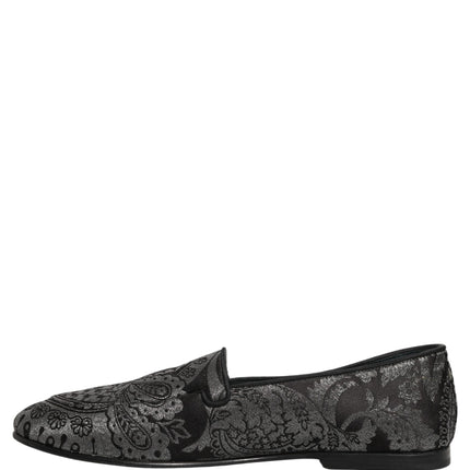 Dolce & Gabbana Silver Jacquard Leather Slip On Loafers Shoes