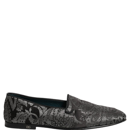 Dolce & Gabbana Silver Jacquard Leather Slip On Loafers Shoes