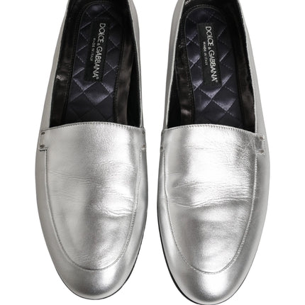 Dolce & Gabbana Silver Leather DG Logo Slip On Loafers Shoes