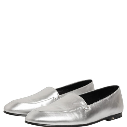 Dolce & Gabbana Silver Leather DG Logo Slip On Loafers Shoes