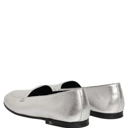 Dolce & Gabbana Silver Leather DG Logo Slip On Loafers Shoes