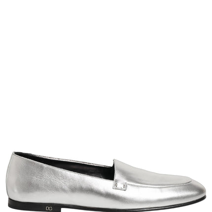 Dolce & Gabbana Silver Leather DG Logo Slip On Loafers Shoes