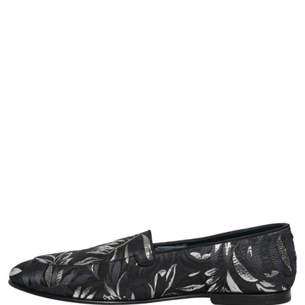 Dolce & Gabbana Black Leaf Embroidery Dress Men Loafers Shoes