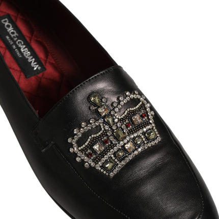 Dolce & Gabbana Black Leather Crown Embellished Loafers Shoes