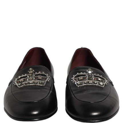 Dolce & Gabbana Black Leather Crown Embellished Loafers Shoes