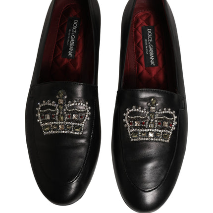 Dolce & Gabbana Black Leather Crown Embellished Loafers Shoes