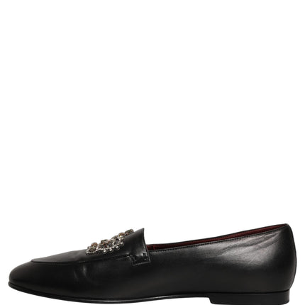Dolce & Gabbana Black Leather Crown Embellished Loafers Shoes
