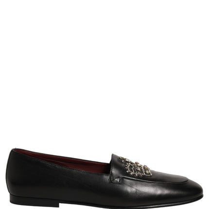 Dolce & Gabbana Black Leather Crown Embellished Loafers Shoes