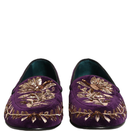 Dolce & Gabbana Violet Velvet Floral Embroidery Loafers Shoes