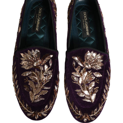 Dolce & Gabbana Violet Velvet Floral Embroidery Loafers Shoes