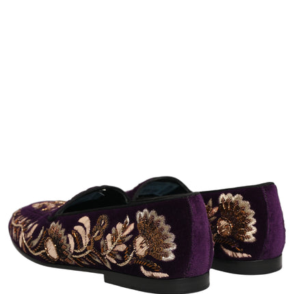 Dolce & Gabbana Violet Velvet Floral Embroidery Loafers Shoes