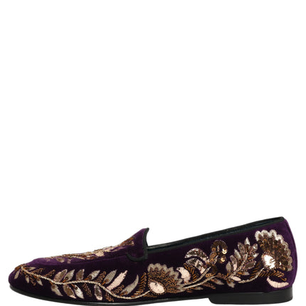 Dolce & Gabbana Violet Velvet Floral Embroidery Loafers Shoes