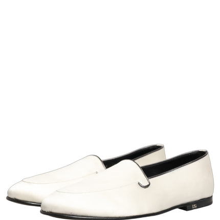 Dolce & Gabbana White Satin Logo Slip On Flats Loafers Shoes