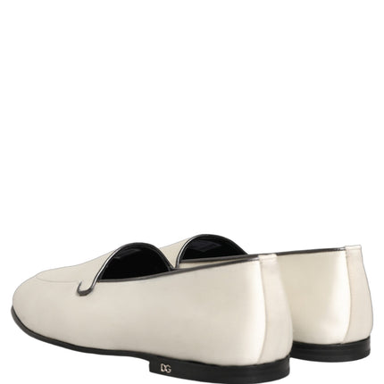 Dolce & Gabbana White Satin Logo Slip On Flats Loafers Shoes