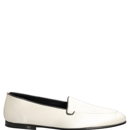 Dolce & Gabbana White Satin Logo Slip On Flats Loafers Shoes