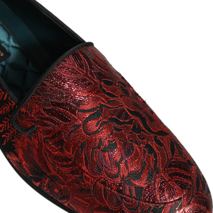 Dolce & Gabbana Red Floral Jacquard Slip On Loafers Shoes